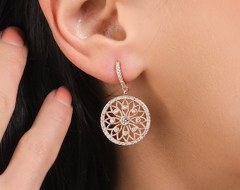 Rose Gold Filigree Earrings for Women, Rose Gold Plated Dangle Earrings for Women, Round Drop Earrings with Intricate Details and CZ Stones