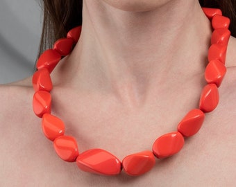 22 inch Long Coral Orange Statement Necklace for Women, Handmade Chunky Necklace for Women in Coral Orange, Bohemian Costume Jewellery