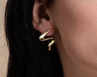 Gold Earrings for Women, Polished Gold Plated Earrings for Women, S Shaped Long Earrings for Women and Teen Girls, Statement Stud Earrings