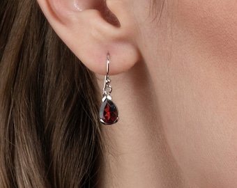 Sterling Silver Garnet Drop Earrings for Women and Girls, Garnet Earrings in 925 Silver, Gemstone Dangle Earrings with Pear-Shaped Stones