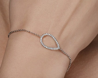 Adjustable Silver Pear Bracelet for Women, Slider Bracelet for Women with Cubic Zirconia Stones, Bolo Bracelet for Women and Teen Girls