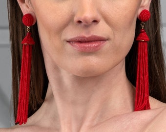 Long Tassel Earrings for Women, Boho Chic Red Dangle Earrings for Women, Red Tassel Earrings with Red Coloured Beads for Girls