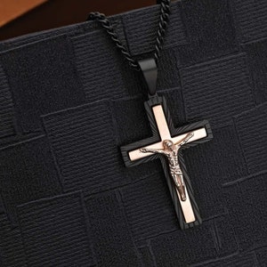 Mens Cross Necklace with Black & Rose Gold IP Plating. Men&#39;s Stainless Steel Chain and Cross Pendant in Black Metal and Rose Gold