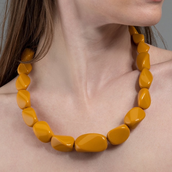 22 inch Long Mustard Yellow Statement Necklace for Women, Handmade Chunky Necklace for Women in Mustard Yellow, Bohemian Costume Jewellery