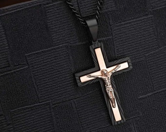 Mens Cross Necklace with Black & Rose Gold IP Plating. Men's Stainless Steel Chain and Cross Pendant in Black Metal and Rose Gold