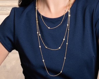 Long Gold Chain Necklace for Women, 18 24 or 32 inch long Chain Necklace for Women with Cubic Zirconia Stones, Gold Plated Sautoir Necklace