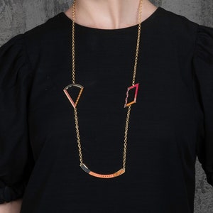 Long Gold Necklace with Colourful Enamel, Art Deco Reversible Necklace for Women, Geometric Long Gold Chain Necklace in Pink, Orange, Black image 1