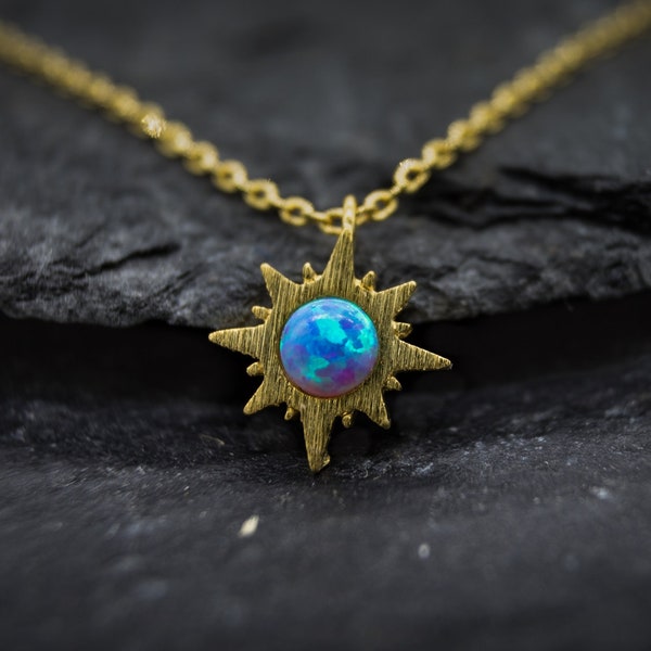 Gold Opal Pendant Necklace for Women, Gold Plated Sun Necklace with Opal for Women, Dainty Gold Necklace with a Blue Opal