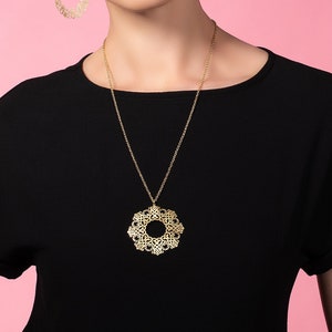 Large Gold Mandala Pendant Necklace for Women, Gold Plated Mandala Pendant on a Long Chain, Long Gold Necklace for Women with a Matte Finish image 1