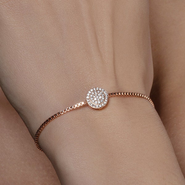 Adjustable Rose Gold Disc Bracelet for Women, Rose Gold Slider Bracelet with Cubic Zirconia Stones, Bolo Bracelet for Women and Teen Girls