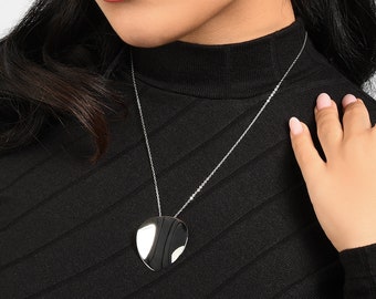 Large Pendant Necklace for Women, Mirror Necklace for Women, High Polished Steel Statement Necklace for Women, 20 inch Long Chain Pendant