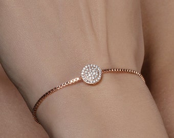 Bracelet réglable en disque d’or rose pour femmes, bracelet coulissant en or rose avec pierres de zircone cubiques, bracelet Bolo pour femmes et adolescentes