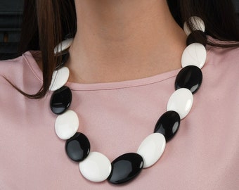 24 inch Long black & white Statement Necklace for Women, Handmade Chunky Necklace in black and white resin, Bohemian Costume Jewellery