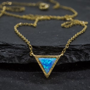 Gold Plated Triangle Opal Pendant Necklace, Dainty Gold Opal Necklace for Women, Gold Plated Geometric Necklace with a Created Opal. image 2