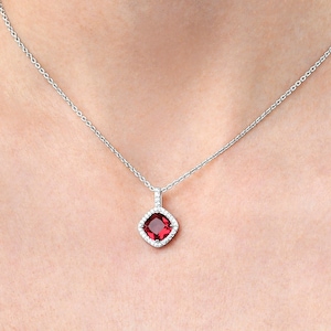 Red Cushion Shaped Pendant Necklace in 925 Sterling Silver, Halo Pendant with Red and White Stones for Women and Teenage Girls in Silver