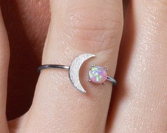 Dainty Pink Opal Ring for Women and Teen Girls, Open Ring for Women with a Moon Crescent Motif and Pink Opal, Womens Adjustable Dainty Rings