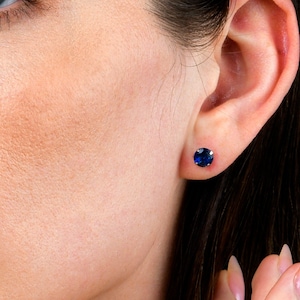 Simple Blue Stud Earrings in 925 Sterling Silver, Dainty Blue Earrings for Women and Teenage Girls with 6mm Round Blue Solitaire Stones