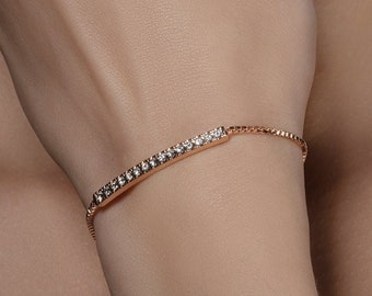 Bracelet barre réglable en or rose pour femme, bracelet curseur en or rose avec cristaux Swarovski, bracelet bolo pour femme et adolescente