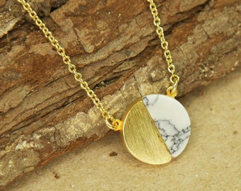 Gold Necklace with White Agates for Women, Gold Pendant Necklace for Women with Created White Agate, Brushed Finished Necklace for Women