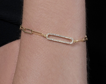 Gold Link Bracelets for Women and Teenage Girls, Dainty Gold Bracelet for Women set with Cubic Zirconia Stones, Gold Paperclip Bracelet