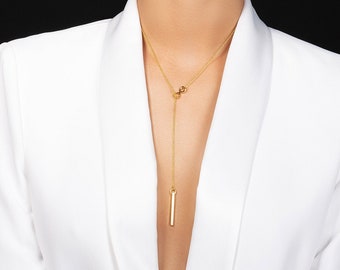 Collier Lariat en or pour femme, collier Gold Infinity Y pour femme, collier long superposé avec une barre verticale coulissante dans un motif infini.