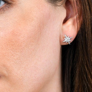 Sparkling Star Stud Earrings with Cubic Zirconia in 925 Sterling Silver For women, Dainty Star stud earrings with white stones in Silver