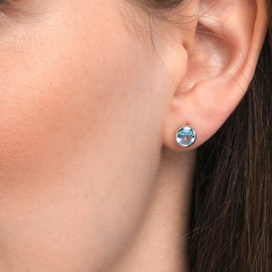 925 Sterling Silver Bezel Set Blue Topaz Stud Earrings For Women and Girls, Small Silver Earrings with Natural Round Blue Topaz Gemstones