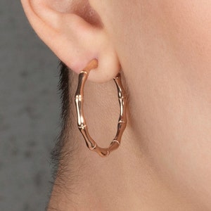 Rose Gold Plated Bamboo Hoop Earrings for Women and Teenage Girls, Bamboo Hoops for Women, 30mm Large Rose Gold Hoop Earrings for Women