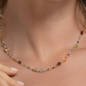 9 Karat Gold Bunte Halsketten für Frauen und Mädchen mit Natürlichen Edelsteinen, 9 Karat Massivgold Halskette mit Mehrfarbigen Halbedelsteinen