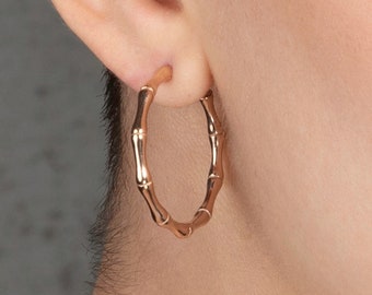 Rose Gold Plated Bamboo Hoop Earrings for Women and Teenage Girls, Bamboo Hoops for Women, 30mm Large Rose Gold Hoop Earrings for Women