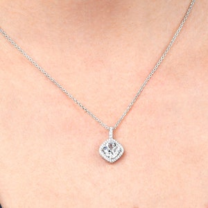 925 Sterling Silver Halo Pendant Necklace For Women and Teenage Girls, Silver Cushion Shaped Necklace With sparkling cubic zirconia Stones