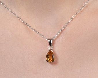 Sterling Silver Citrine Necklace for Women, Natural Citrine Pendant Necklace, Silver Teardrop Necklace with a Pear-Shaped Citrine Gemstone