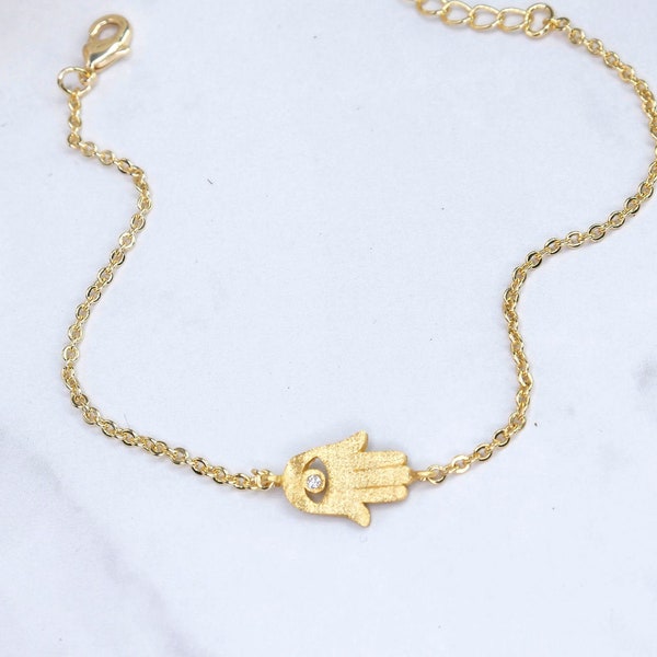 Gold Hamsa Hand Bracelet for Women, Hamsa Gold Bracelet for Girls and Women, Brushed Finish Lucky Charm Bracelet, Gold Plated Bracelet