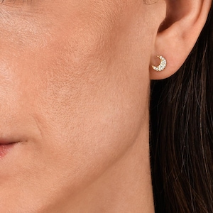 Gold Moon Crescent Earrings for Women and Girls, Dainty Gold Stud Earrings with Cubic Zirconia Stones, Gold Moon Stud Earrings for Girls