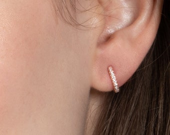 Small Rose Gold Hoop Earrings for Women and Teen Girls, Dainty Rose Gold Hoops with Cubic Zirconia Stones, Minimalist Huggie Hoop Earrings