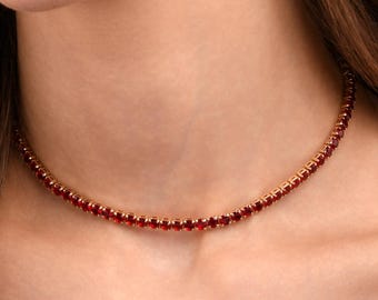 Red Gold Choker Necklace for Women, 4mm Wide Gold Tennis Chain Necklace With Red Stones