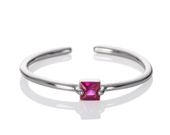 Fuchsia Pink Ring for Women and Teenage Girls, Adjustable Open Rings for Women with a Square Stone, Dainty Silver Ring with Dark Pink Stone