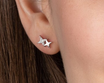 Dainty Sterling Silver Star Earrings for Women, Small Silver Stud Earrings with Stones, Cute Stud Earrings for Women and Teenage Girls