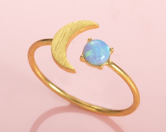 Gold Plated Blue Opal Ring for Women, Open Gold Ring for Women with a Moon Crescent Motif and Blue Opal, Womens Adjustable Dainty Rings