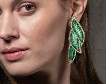 Long Light Green Statement Earrings for Women, Leaf Dangle Earrings for Women, Large Handmade Earrings in Green, Bohemian Costume Jewellery