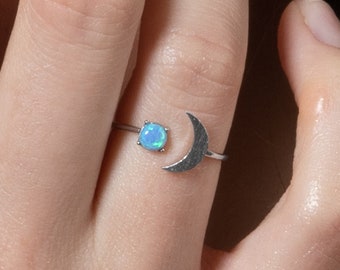 Dainty Blue Opal Ring for Women and Teen Girls, Open Ring for Women with a Moon Crescent Motif and Blue Opal, Womens Adjustable Dainty Rings