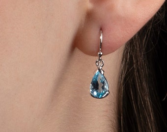 925 Sterling Silver Blue Topaz Drop Earrings for Women and Girls, Silver Blue Topaz Earrings, Dangle Earrings with Pear-Shaped Stones