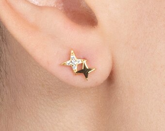 Delicati orecchini a forma di stella in oro per donna, piccoli orecchini in oro con pietre di zirconia cubica, graziosi orecchini a bottone in oro per donne e ragazze adolescenti