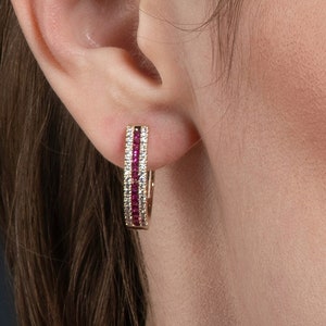 Gold Hoop Earrings Red Cubic Zirconia Stones, Large Red Hoop Earrings for Women, Elegant Gold Plated Hoops for Women with Ruby Red Stones
