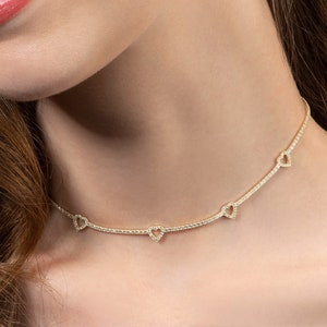 Gold Choker Necklace for Women, Gold Plated 925 Sterling Silver Heart Choker Collar Necklace with Cubic Zirconia Stones, Gold Heart Chokers image 2