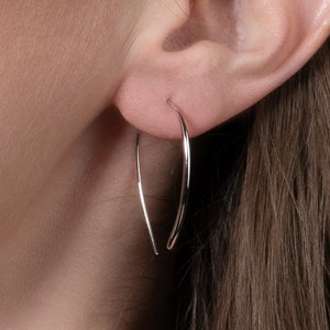 May include: A close-up of a person's ear with a thin silver hoop earring. The earring is a simple, curved design.