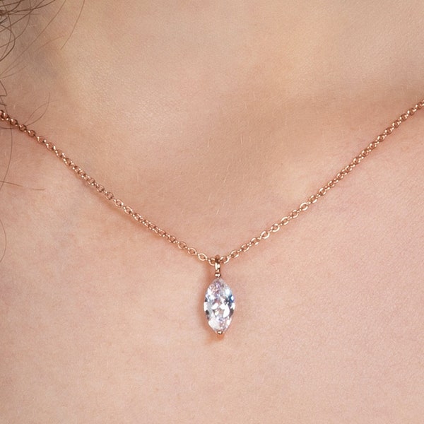 Rose Gold Necklace for Women with a Marquise Shaped Cubic Zirconia Stone, Dainty Rose Gold Plated 925 Sterling Silver Pendant Necklace
