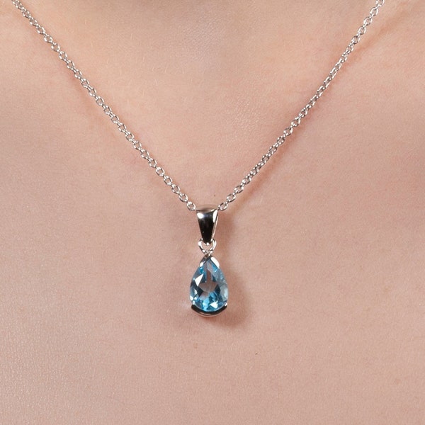 Sterling Silver Blue Topaz Necklace for Women, Natural Blue Topaz Pendant Necklace, Silver Teardrop Necklace with a Pear-Shaped Gemstone