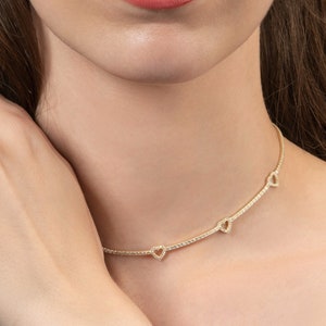 Gold Choker Necklace for Women, Gold Plated 925 Sterling Silver Heart Choker Collar Necklace with Cubic Zirconia Stones, Gold Heart Chokers image 1