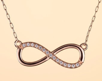 Rose Gold Infinity Necklace with Cubic Zirconia, Rose Gold Plated Sterling Silver Infinity Chain Necklace for Women and Teen Girls